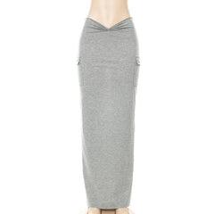 Ruched slit solid pocket high rise midi skirt