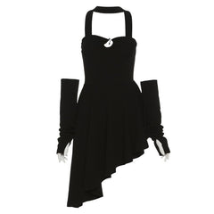 Irregular solid halter gloves o ring backless mini dress