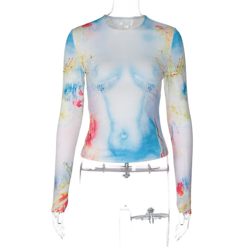 Long sleeve crewneck flower body print contrast top