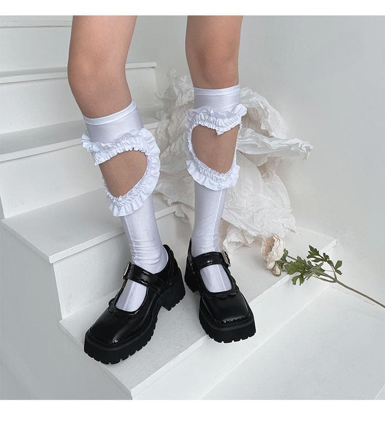 Hollow out heart shape solid knee high socks