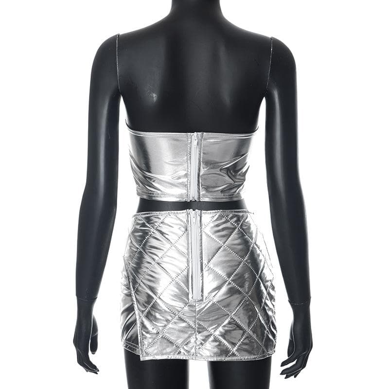 Textured metallic sweetheart neck zip-up mini skirt set