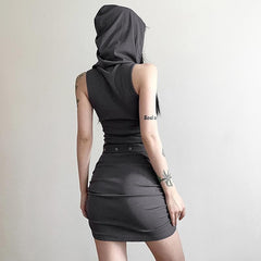 Hoodie turtle neck buckle sleeveless solid mini dress