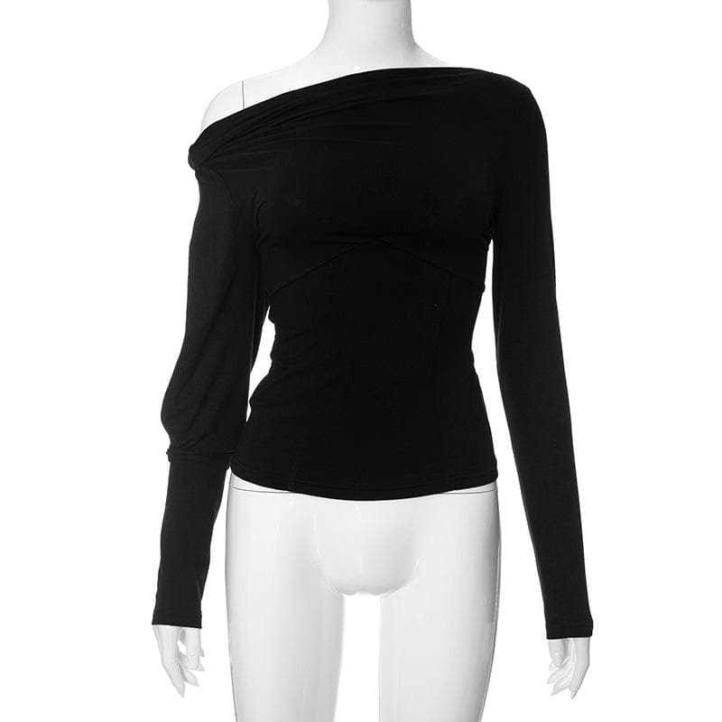 Solid long sleeve off shoulder irregular knotted hollow out top