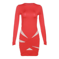 Mesh long sleeve crewneck patchwork contrast mini dress