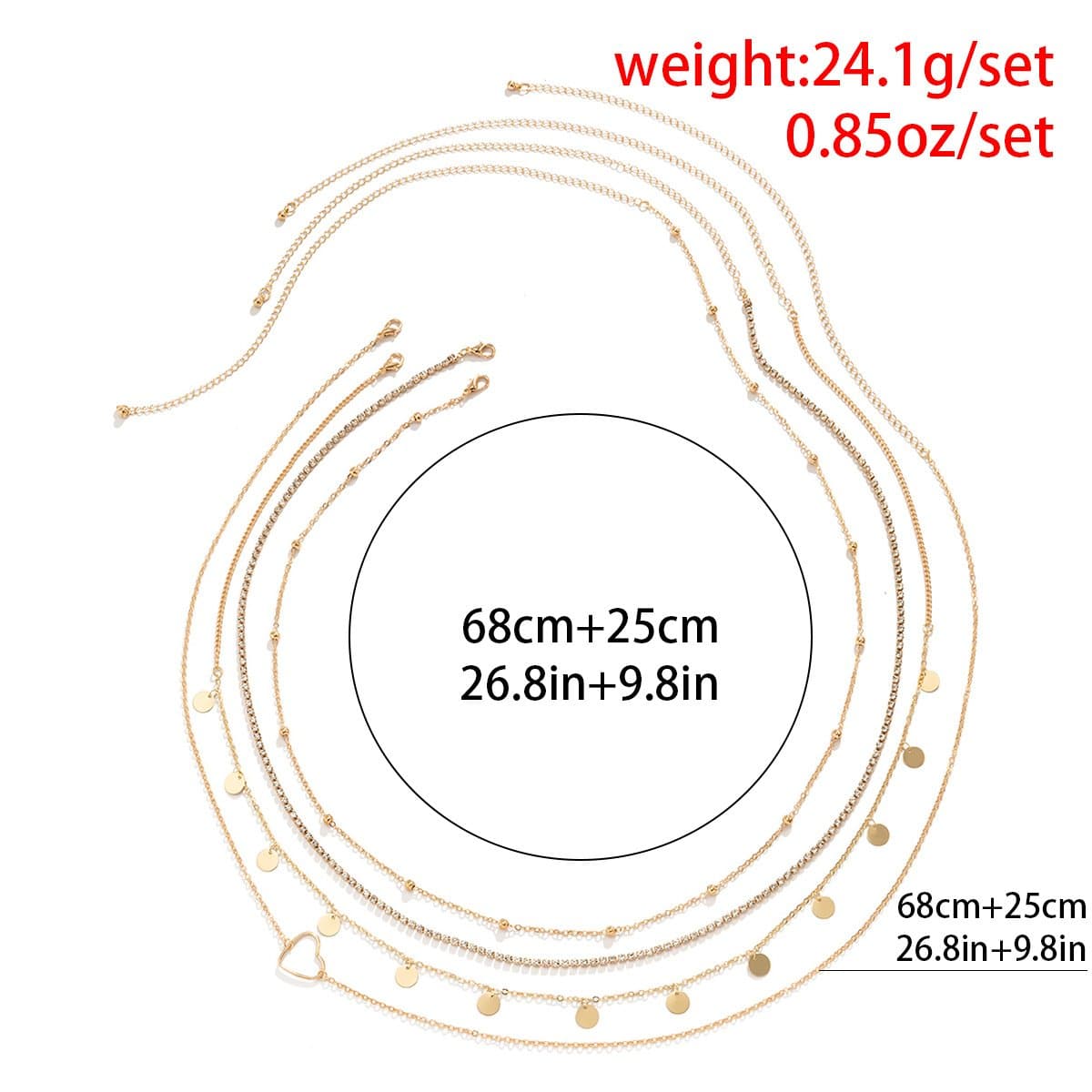 Cadena de cintura con diamantes de imitación en forma de corazón, 4 piezas 