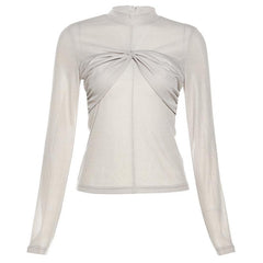 Ruched high neck zip-up long sleeve solid top