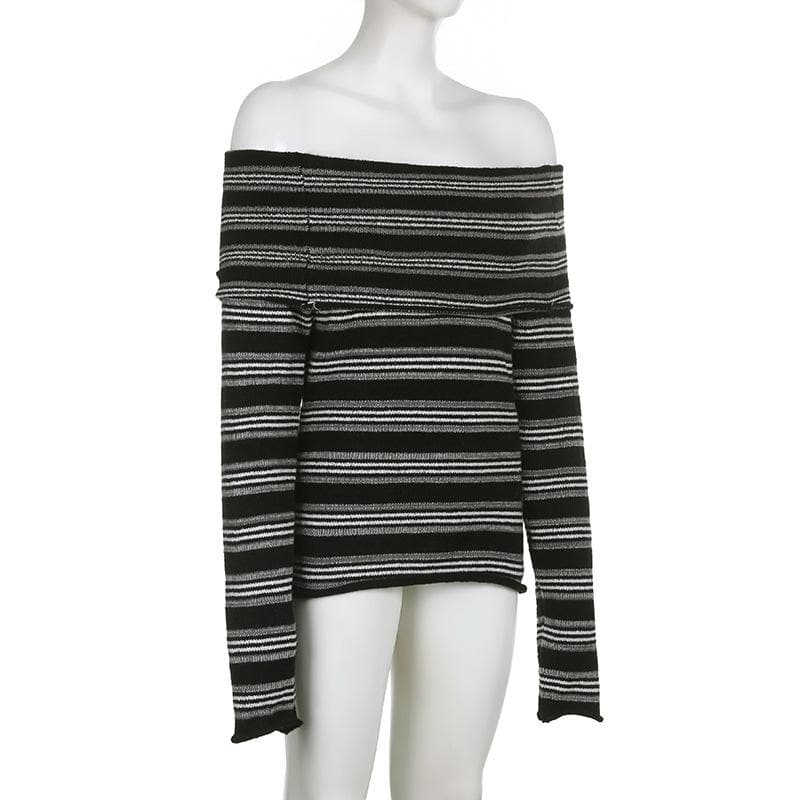 Knitted striped contrast long sleeve off shoulder top