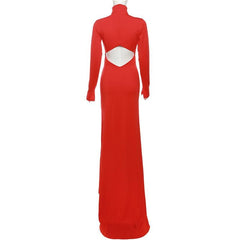 Hollow out solid long sleeve high neck zip-up maxi dress