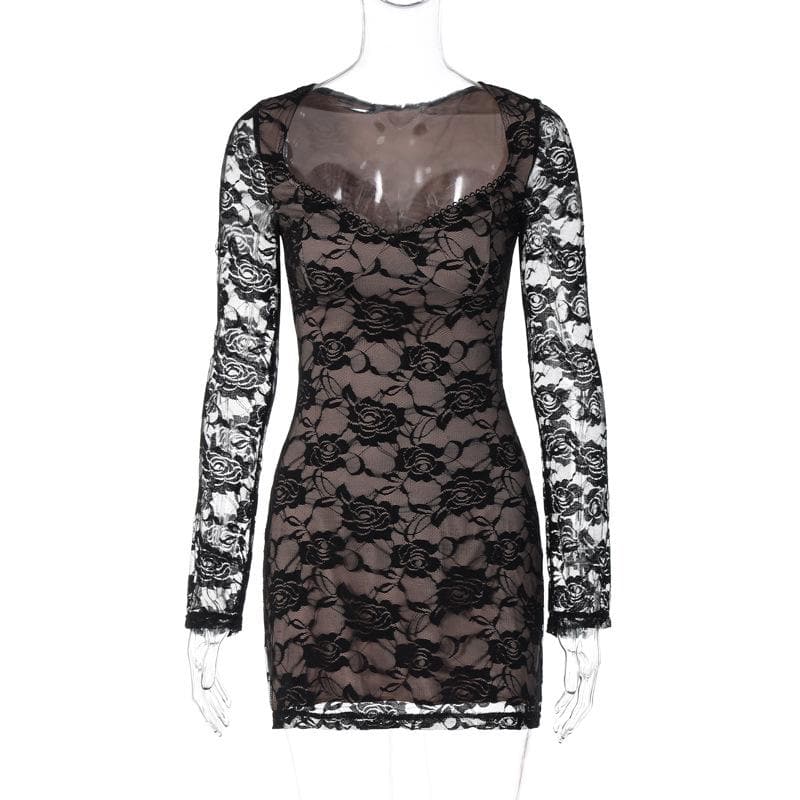 Long sleeve v neck lace contrast patchwork mini dress