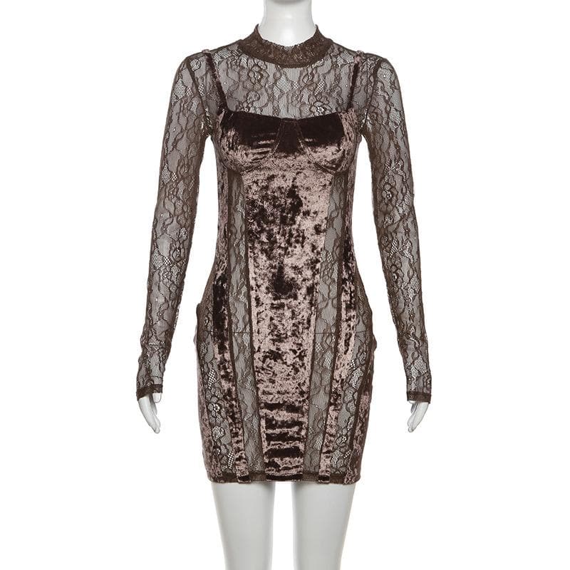 Velvet patchwork high neck long sleeve lace mini dress