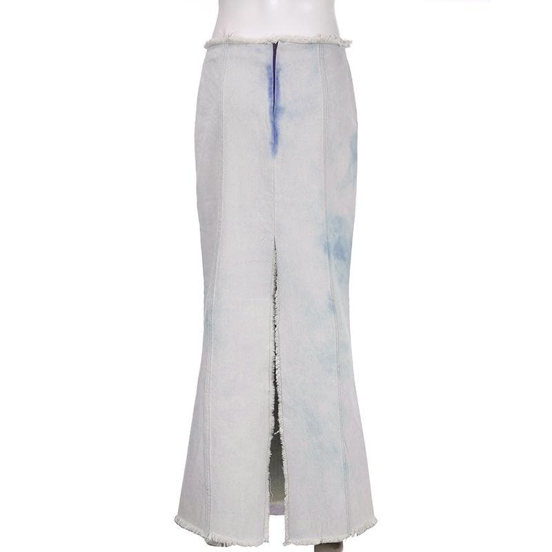 Tie dye raw hem zip-up slit midi skirt