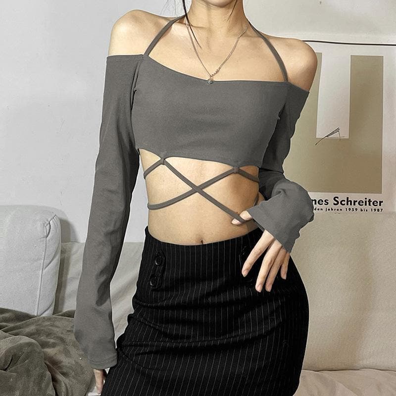 Cross front solid halter off shoulder self tie long sleeve crop top