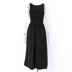 Square neck ruched solid sleeveless A line midi dress