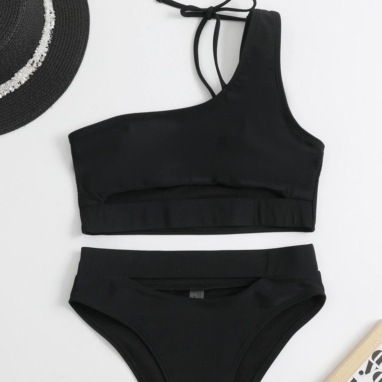 Einfarbiger Bikini mit hoher Taille und One-Shoulder-Träger und ausgehöhltem Design 