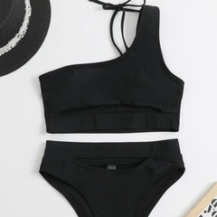 Hollow out high waisted one shoulder solid bikini