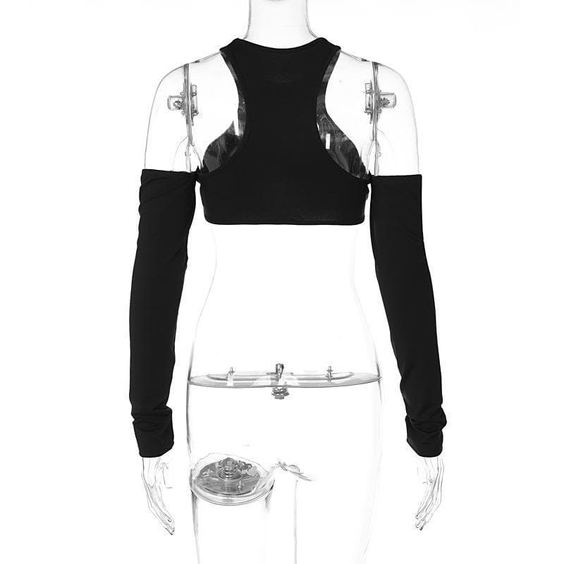 Hollow out solid round neck low cut gloves crop top