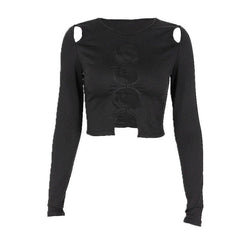 Hollow out long sleeve round neck solid crop top