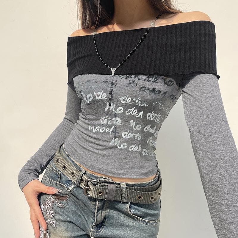 Knitted patchwork letter print long sleeve contrast off shoulder top