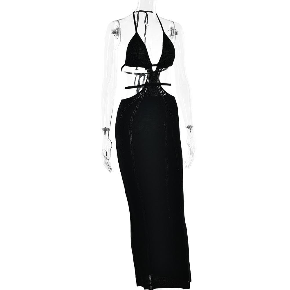 Hollow out self tie halter backless solid maxi dress