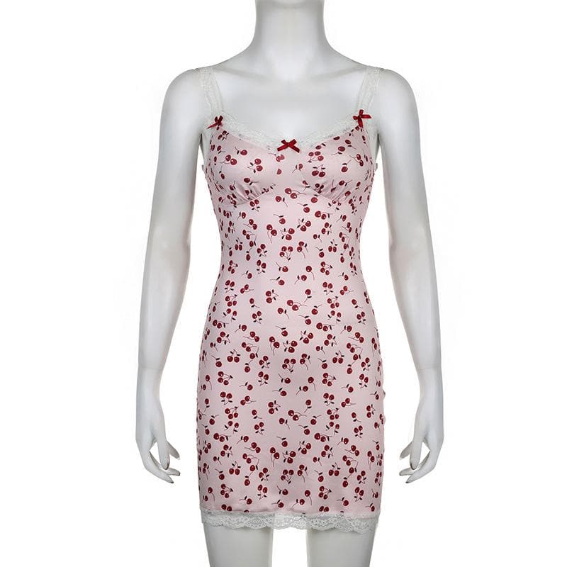 Cherry print contrast lace hem v neck sleeveless mini dress