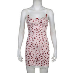 Cherry print contrast lace hem v neck sleeveless mini dress