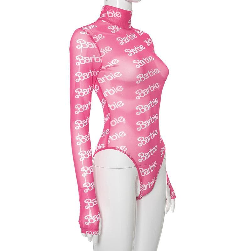 High neck long sleeve barbie print sheer mesh see through bodysuit