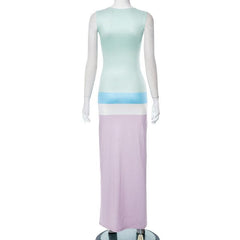 Sleeveless crewneck contrast striped maxi dress