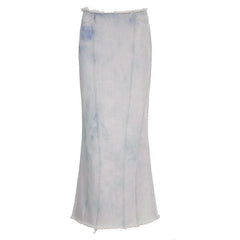 Tie dye raw hem zip-up slit midi skirt