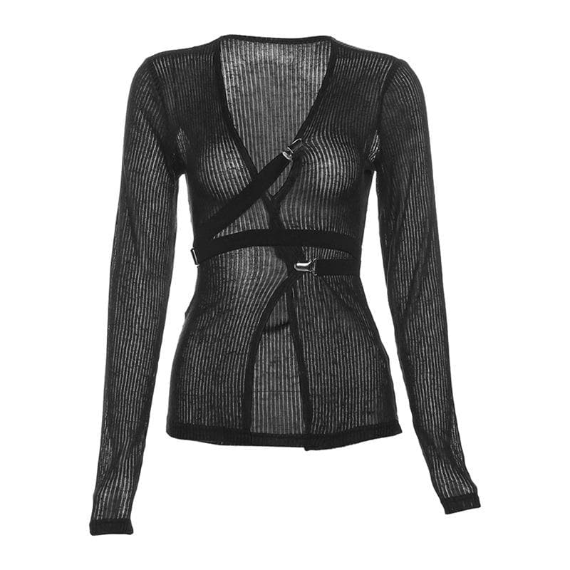 Long sleeve v neck buckle see through textured solid crop top