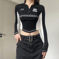 Patchwork zip-up long sleeve embroidery contrast crop top