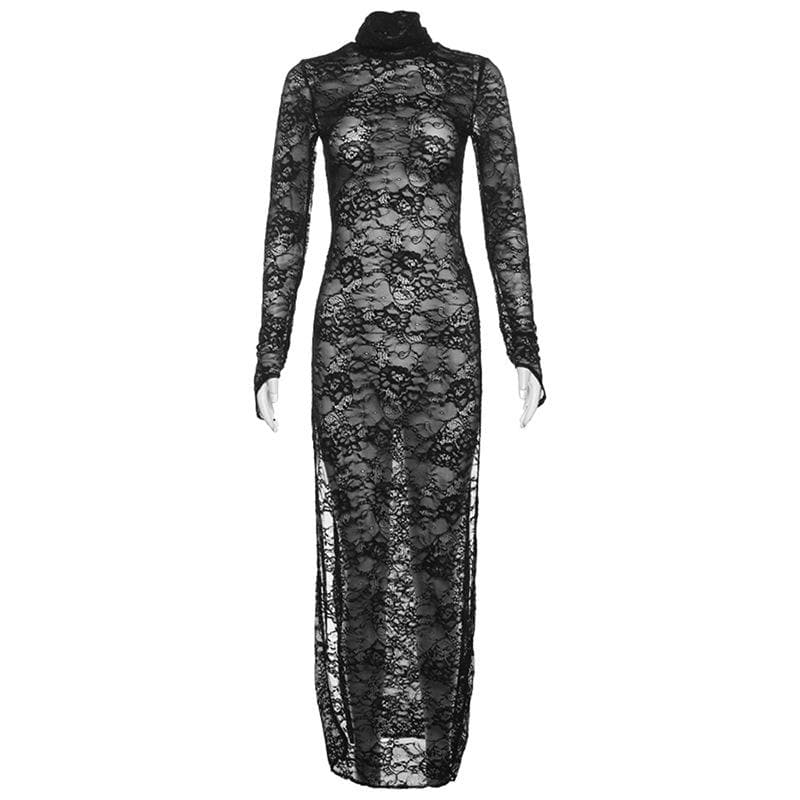 Lace long sleeve turtle neck see through slit gloves maxi dress