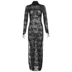 Lace long sleeve turtle neck see through slit gloves maxi dress