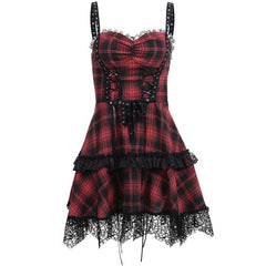 Zip-up lace hem lace up plaid backless mini dress