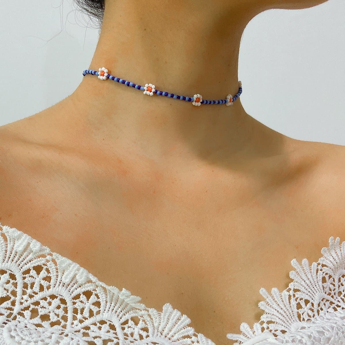 Flower beaded choker necklace