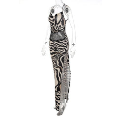 Zebra print hollow out contrast cross back slit backless maxi dress