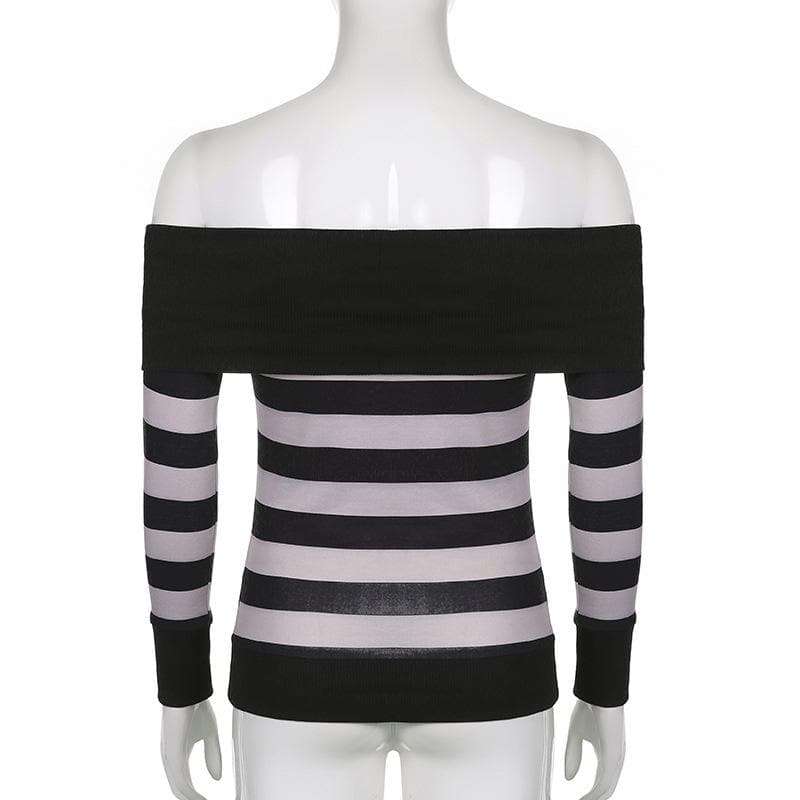 Off shoulder contrast striped button long sleeve top - Final Sale