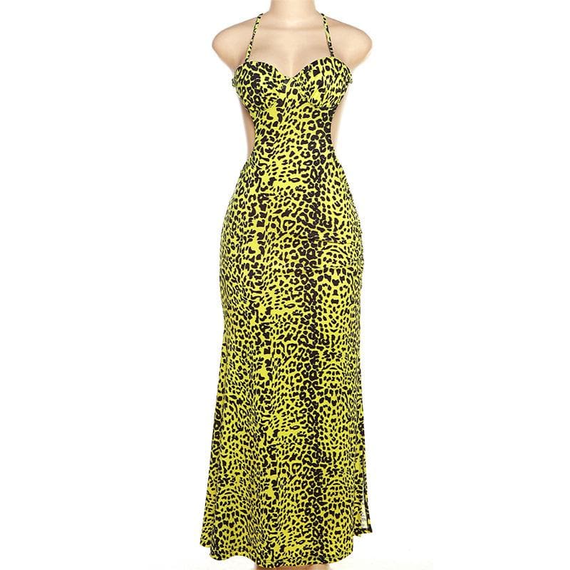 Cross back backless leopard print slit contrast maxi dress