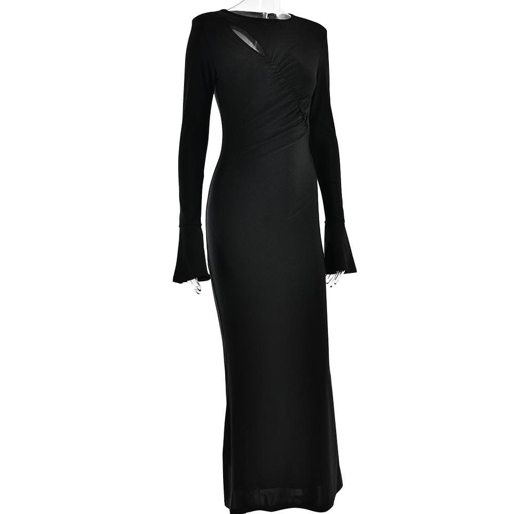 Ruched solid hollow out irregular long sleeve maxi dress