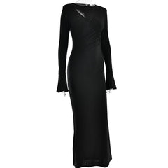 Ruched solid hollow out irregular long sleeve maxi dress