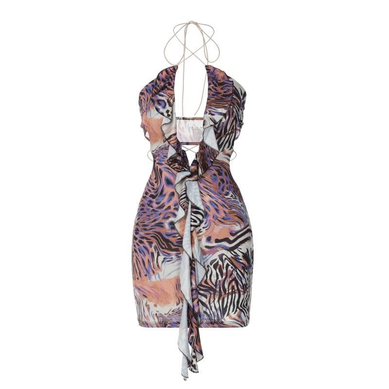 Halter self tie cross front backless ruffle contrast print mini dress