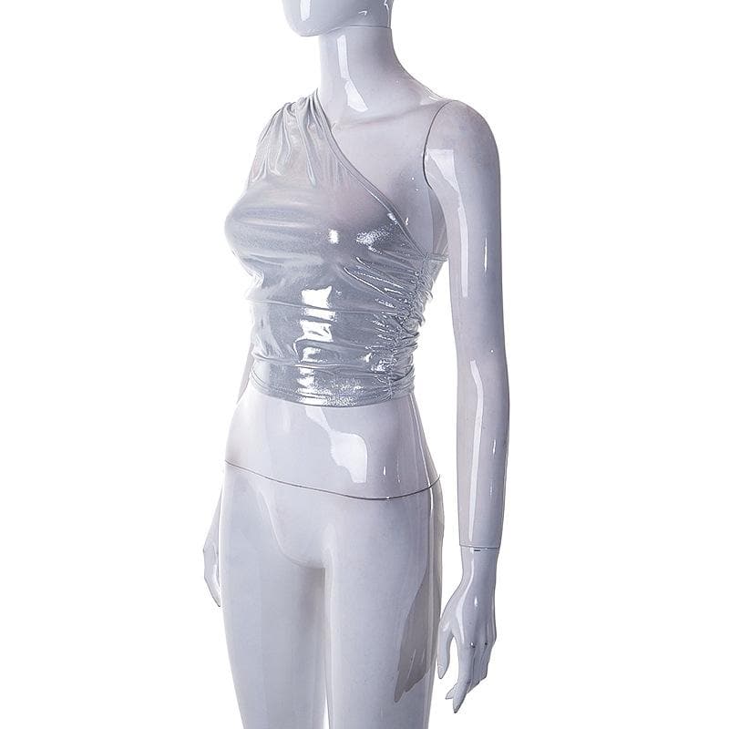 Unregelmäßig gerüschtes, metallisches One-Shoulder-Crop-Top 