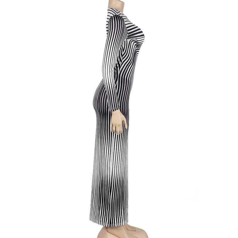 Striped print long sleeve crewneck contrast maxi dress