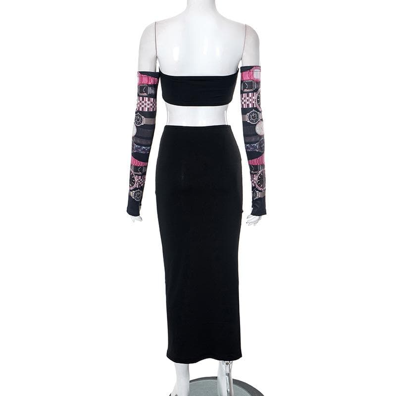 Conjunto de falda midi de tubo sin espalda con estampado en contraste de guantes