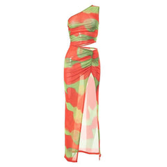 Irregular ruched slit sheer mesh see through tie dye one shoulder maxi dress