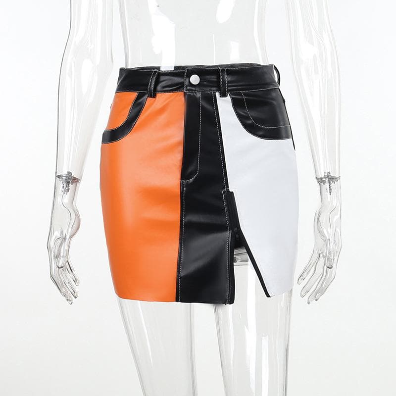 Patchwork contrast zip-up irregular pocket mini skirt