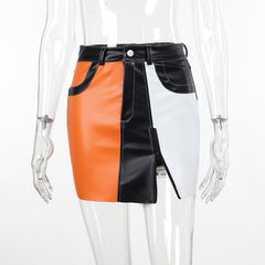 Patchwork contrast zip-up irregular pocket mini skirt