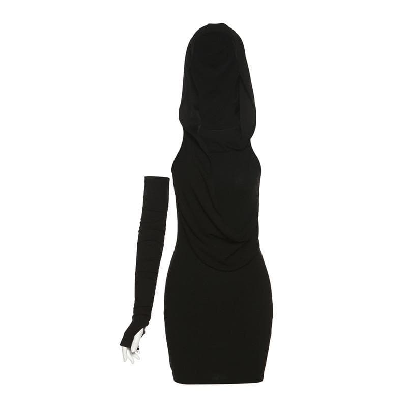 Hoodie gloves ruched sleeveless irregular solid mini dress