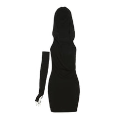 Hoodie gloves ruched sleeveless irregular solid mini dress