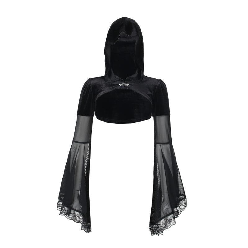 Samt-Netz-Kapuzenpullover mit langen ausgestellten Ärmeln und Knopfleiste, bauchfreies Shrug-Top | viktorianische Gothic-Kleider 