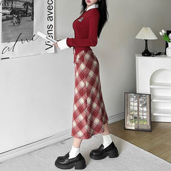 Long sleeve turnover collar plaid button zip-up contrast midi skirt set